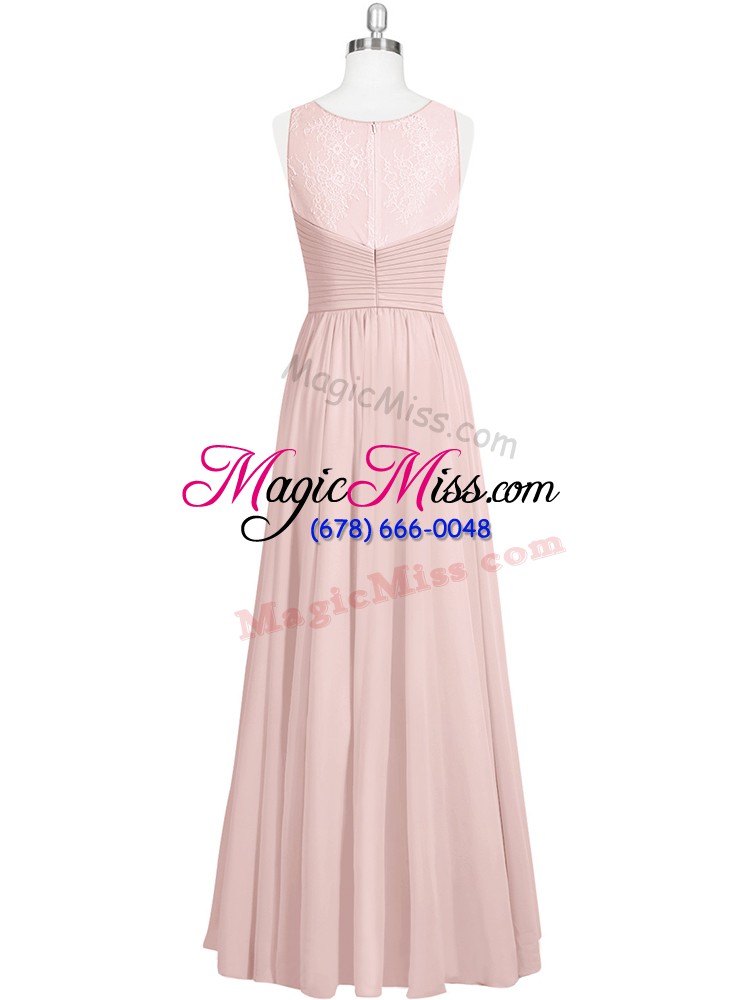 wholesale floor length baby pink evening dress chiffon sleeveless ruching