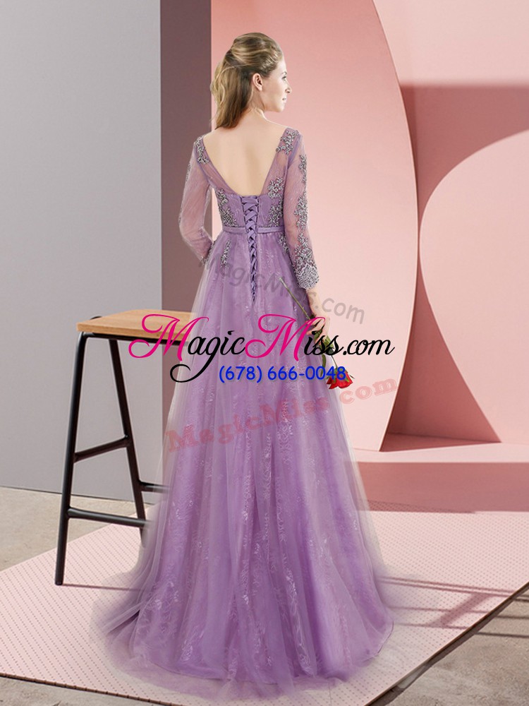 wholesale stylish long sleeves beading and appliques lace up evening dress with lavender sweep train