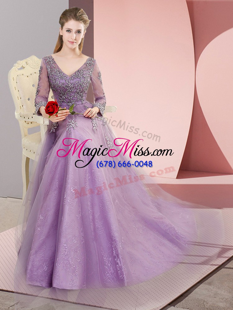 wholesale stylish long sleeves beading and appliques lace up evening dress with lavender sweep train