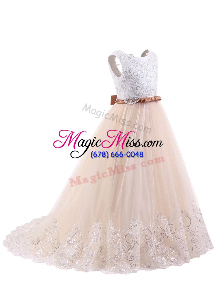wholesale custom design pink sleeveless brush train zipper flower girl dress for wedding party