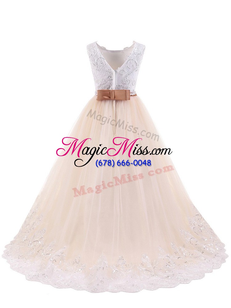 wholesale custom design pink sleeveless brush train zipper flower girl dress for wedding party