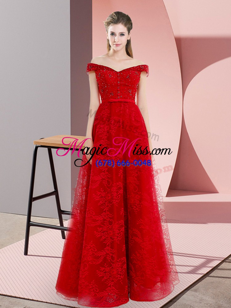 wholesale sumptuous red organza lace up prom gown sleeveless sweep train beading and lace