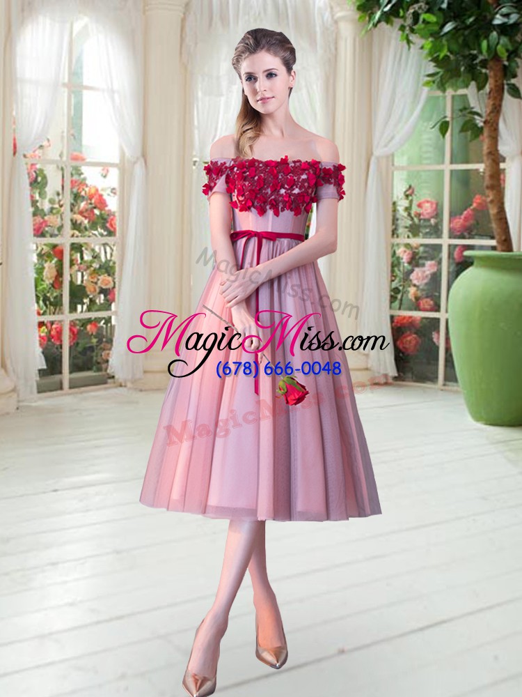 wholesale appliques prom evening gown pink lace up sleeveless tea length