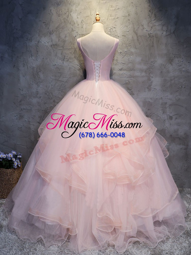 wholesale custom designed floor length lace up quinceanera dress pink for military ball and sweet 16 and quinceanera with appliques and ruffles