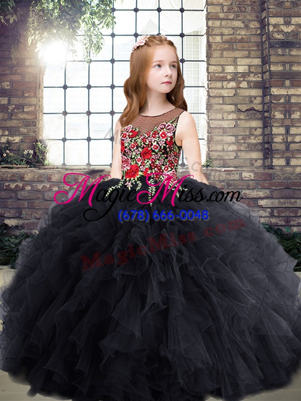 wholesale black sleeveless embroidery and ruffles floor length little girl pageant gowns