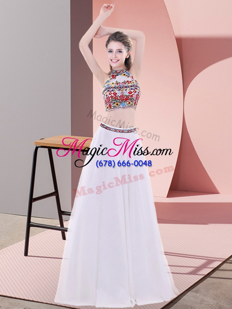 wholesale pretty white lace up womens evening dresses embroidery sleeveless floor length