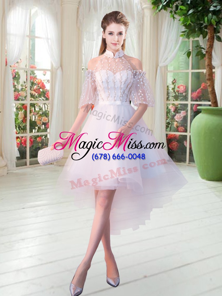 wholesale white zipper high-neck lace prom gown tulle half sleeves