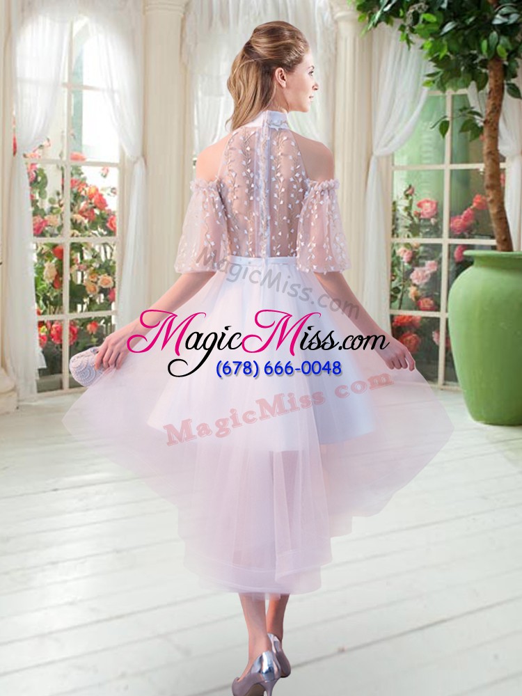 wholesale white zipper high-neck lace prom gown tulle half sleeves