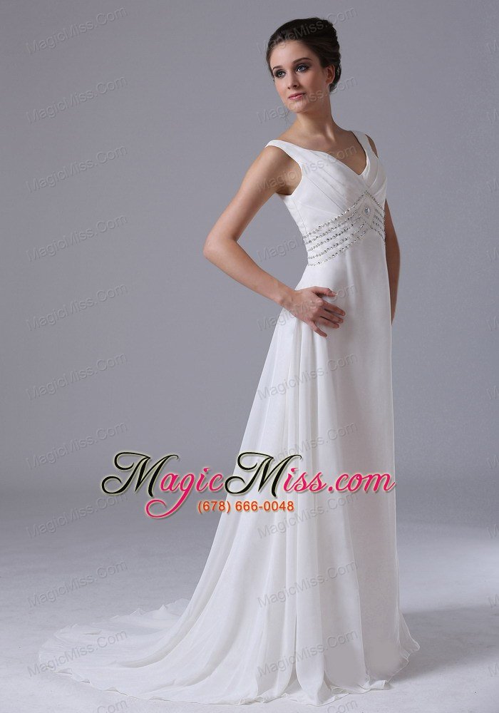 wholesale empire beaded decorate waist wedding dress for 2013 v-neck chiffon court train