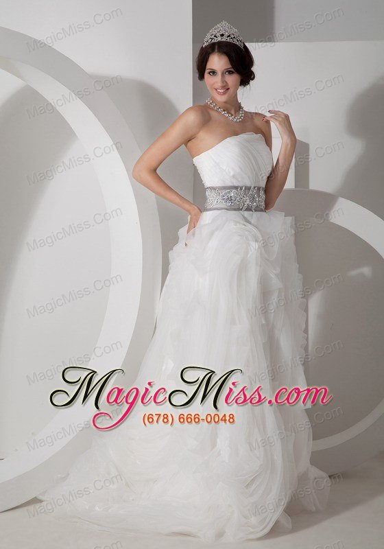 wholesale discount a-line strapless brush train organza appliques wedding dress