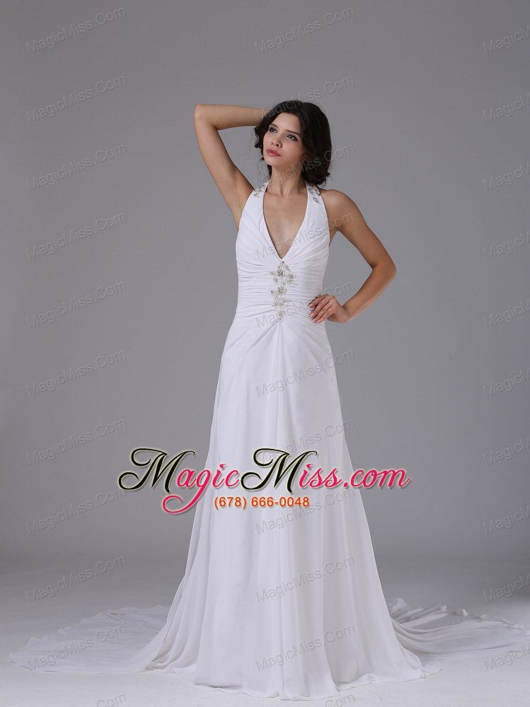 wholesale halter wedding dress with ruched bodice beading in brentwood california chapel train