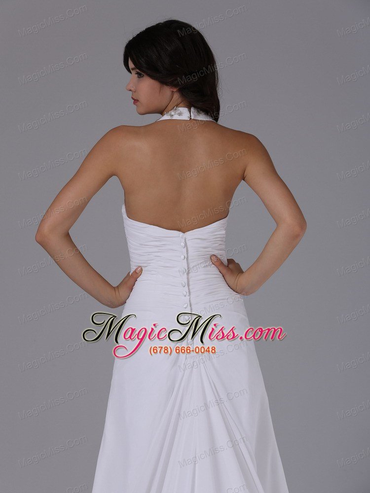 wholesale halter wedding dress with ruched bodice beading in brentwood california chapel train