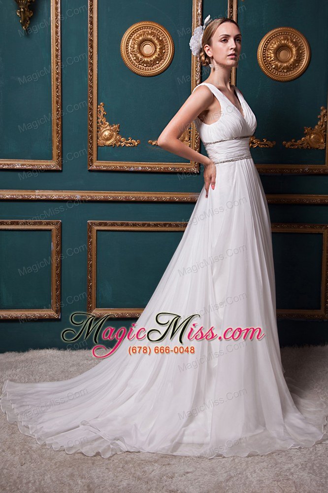 wholesale beautiful a-line v-neck brush train organza beading wedding dress