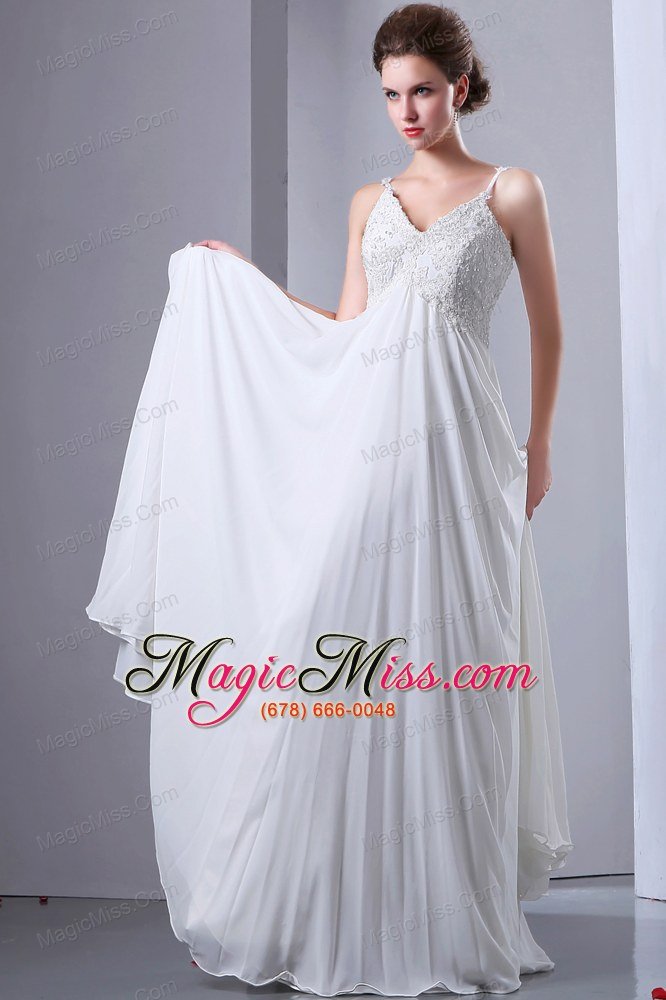 wholesale white empire spaghetti straps floor-length chiffon appliques with beading prom dress