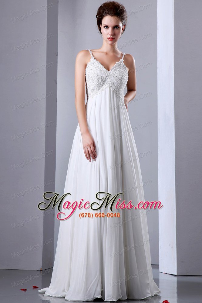 wholesale white empire spaghetti straps floor-length chiffon appliques with beading prom dress