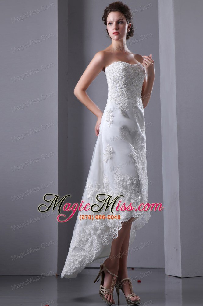 wholesale sexy column strapless high-low elastic wove satin and lace wedding dress