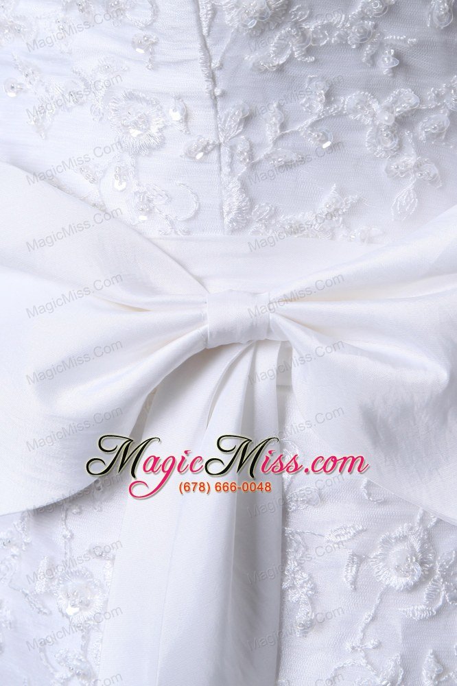 wholesale fashionbale column v-neck brush train taffeta appliques bow wedding dress