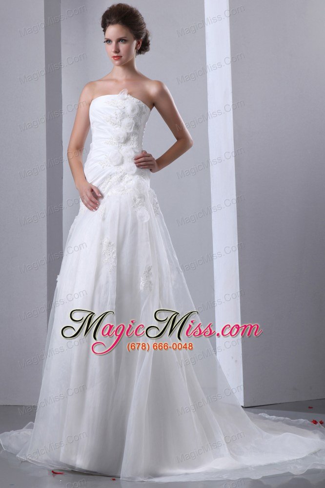 wholesale simple a-line strapless court train taffeta and organza appliques and hand made flowers wedding dress