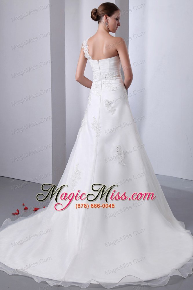wholesale simple a-line one shoulder chapel train satin and organza appliques with beading wedding dress