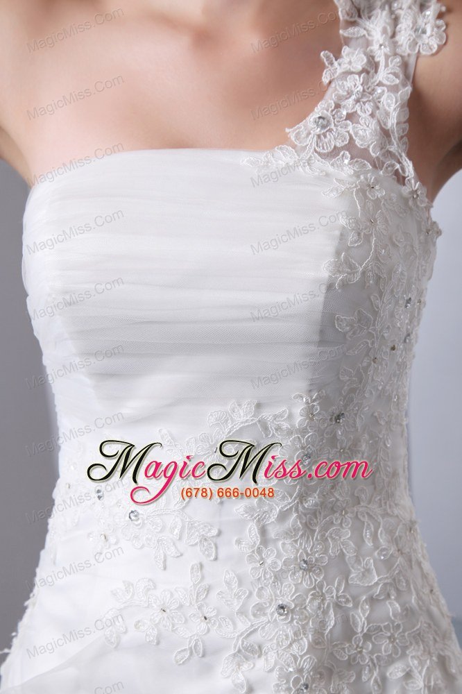 wholesale simple a-line one shoulder chapel train satin and organza appliques with beading wedding dress