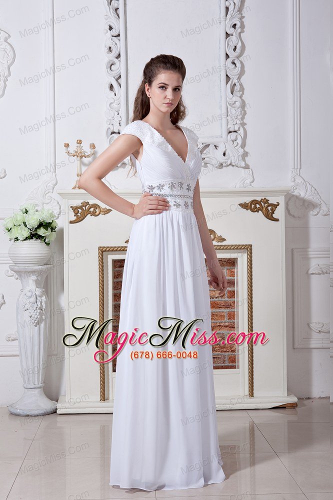 wholesale white empire v-neck floor-length chiffon beading prom dress