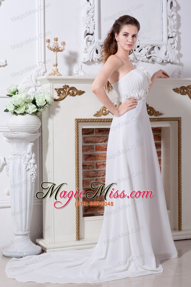 wholesale beautiful a-line / princess one shoulder court train chiffon hand made flowers wedding dress