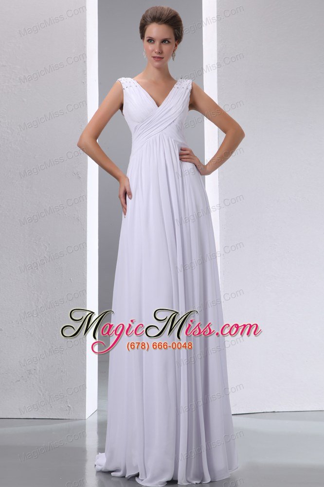 wholesale white empire v-neck floor-length chiffon beading and ruch prom dress
