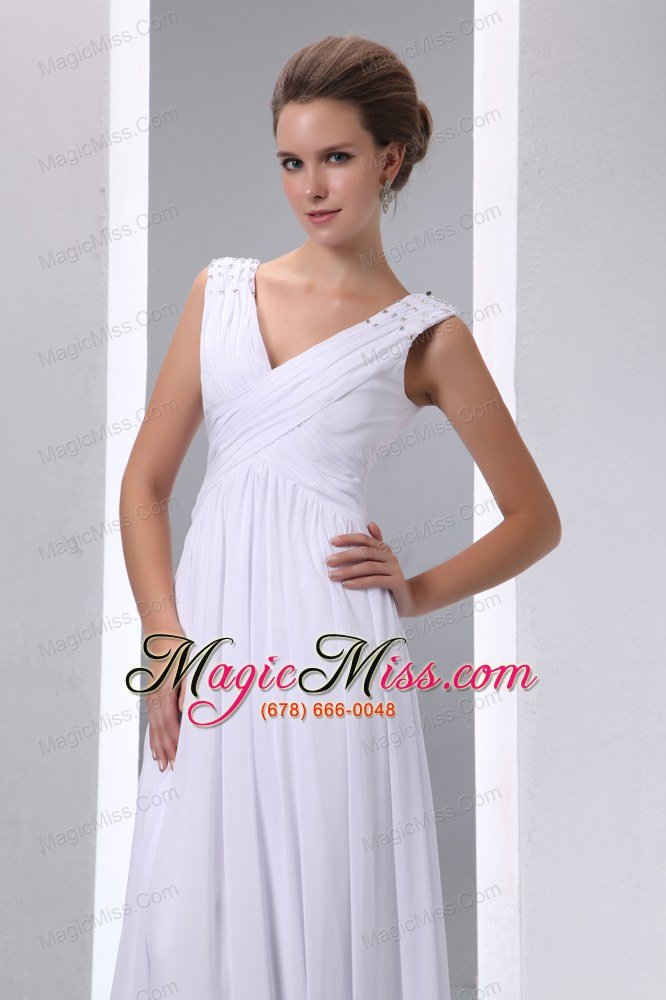 wholesale white empire v-neck floor-length chiffon beading and ruch prom dress