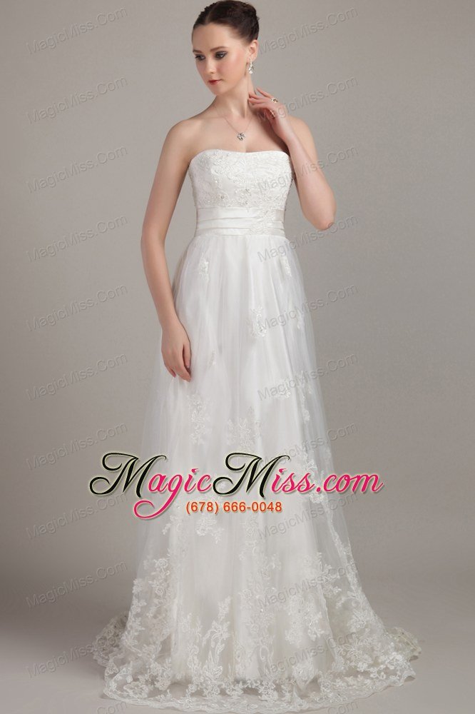 wholesale white column/sheath strapless brush/sweep lace appliques wedding dress