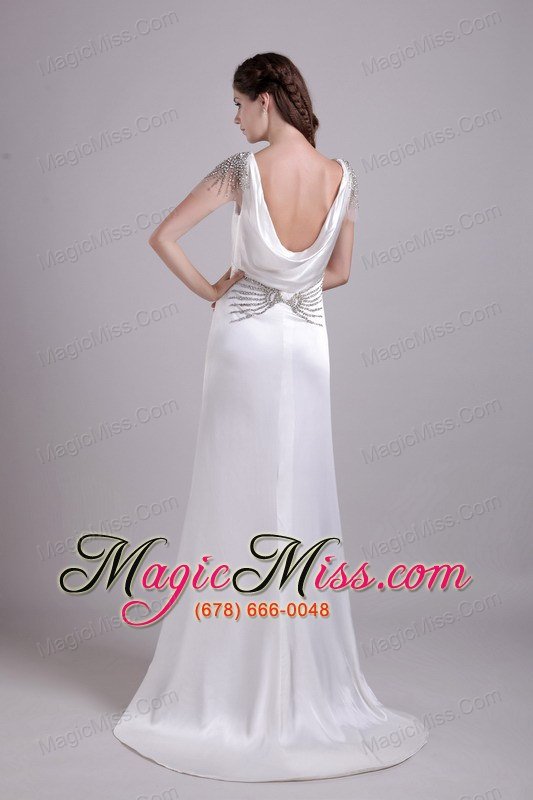 wholesale white column v-neck brush train taffeta beading prom dress