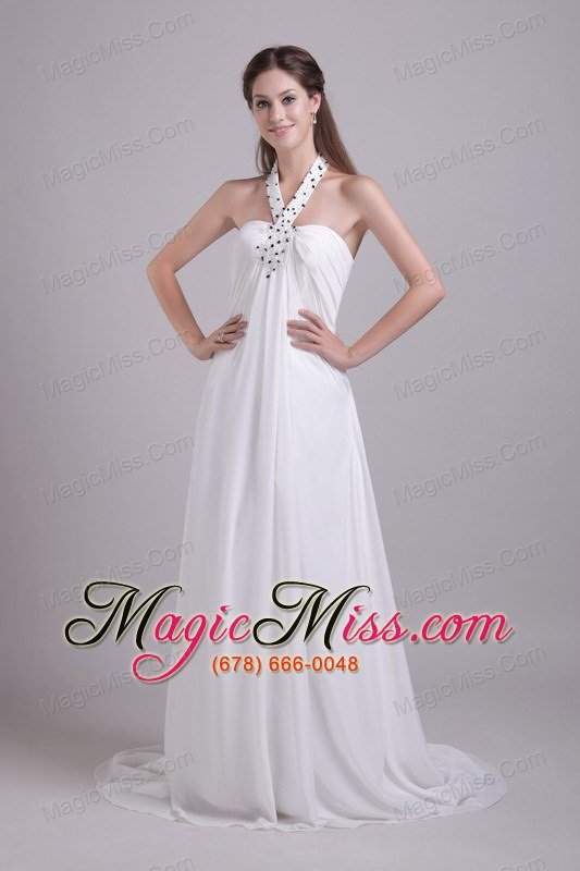 wholesale white empire halter brush train chiffon beading wedding dress