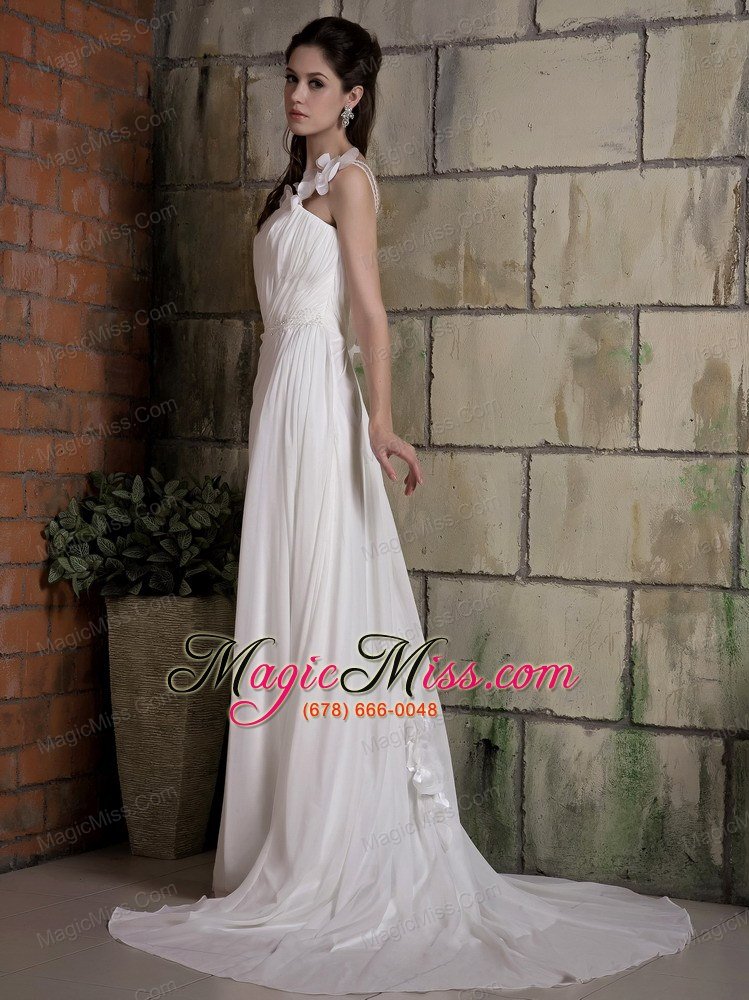 wholesale simple a-line one shoulder court train chiffon ruch and beading wedding dress