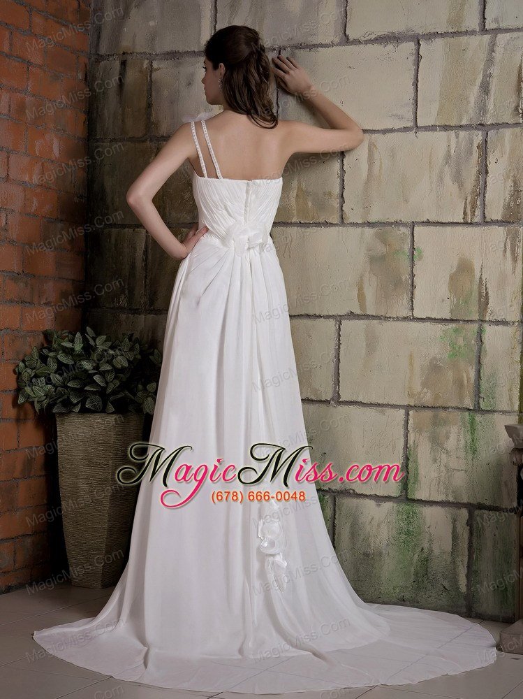 wholesale simple a-line one shoulder court train chiffon ruch and beading wedding dress