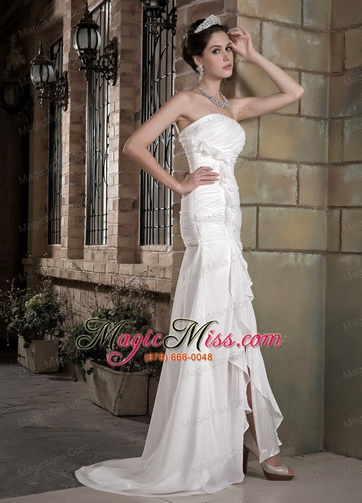 wholesale elegant column strapless brush train chiffon ruch wedding dress