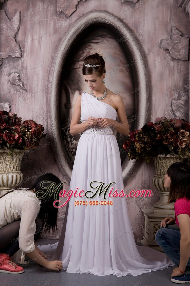 wholesale customize empire one shoulder court train chiffon beading wedding dress
