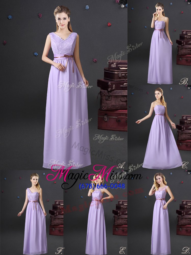 wholesale unique lavender chiffon lace up one shoulder sleeveless floor length wedding party dress lace and appliques and belt