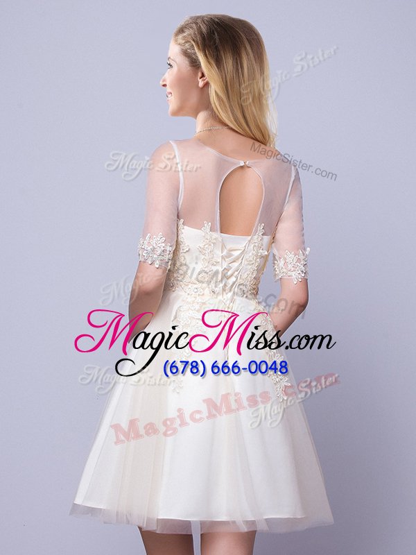 wholesale inexpensive scoop champagne lace up bridesmaid dresses appliques half sleeves mini length