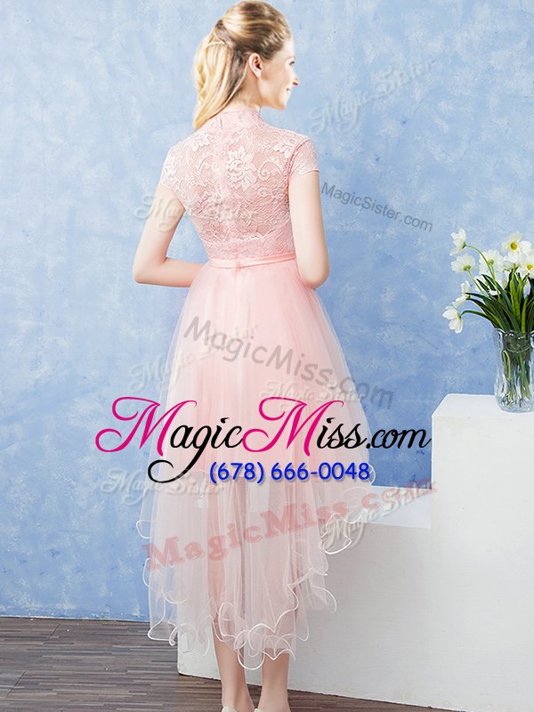 wholesale short sleeves tulle high low zipper bridesmaid dress in baby pink for with lace and belt