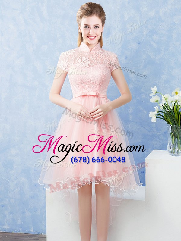 wholesale short sleeves tulle high low zipper bridesmaid dress in baby pink for with lace and belt