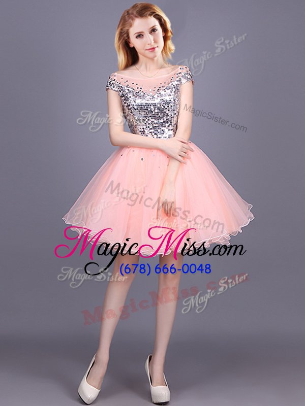 wholesale fantastic pink a-line sequins quinceanera court dresses zipper tulle short sleeves mini length