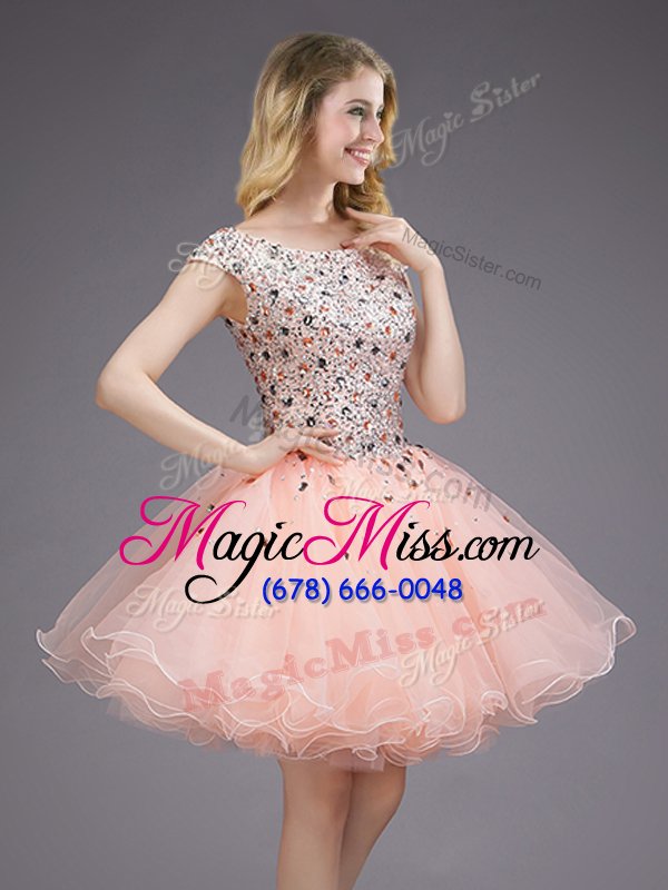 wholesale colorful cap sleeves organza mini length lace up quinceanera dama dress in pink for with beading and sequins