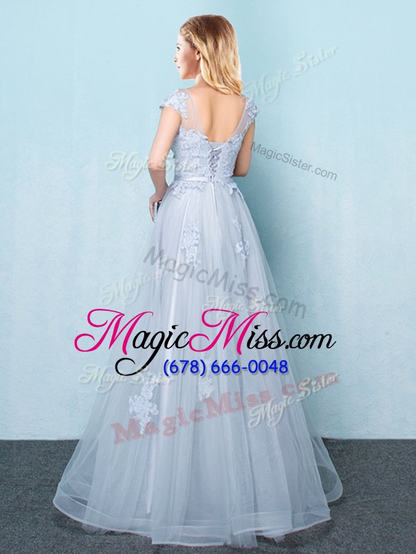 wholesale scoop cap sleeves lace up floor length appliques and belt bridesmaids dress