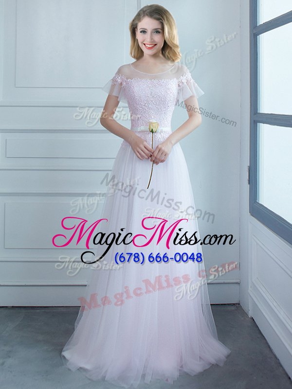 wholesale sweet scoop short sleeves lace up wedding party dress white and in for prom and party and wedding party with lace and belt sweep train