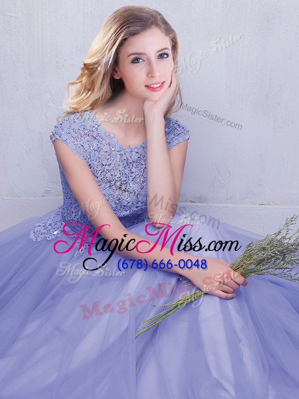 wholesale fabulous scoop lavender tulle backless bridesmaid gown cap sleeves with brush train lace and belt
