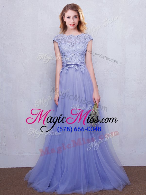 wholesale fabulous scoop lavender tulle backless bridesmaid gown cap sleeves with brush train lace and belt