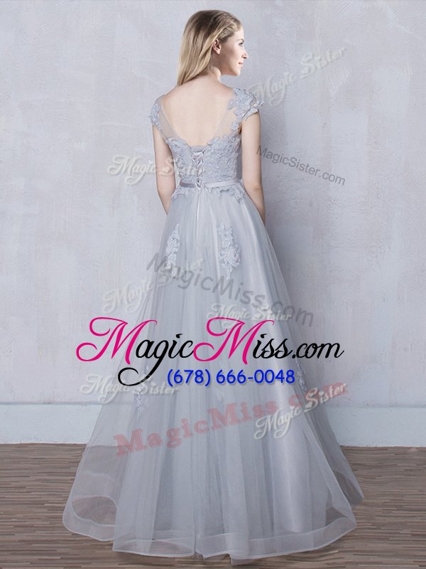 wholesale gorgeous scoop cap sleeves floor length lace and appliques and belt lace up bridesmaids dress with grey