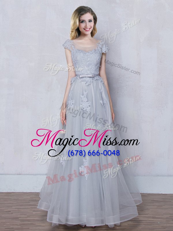 wholesale gorgeous scoop cap sleeves floor length lace and appliques and belt lace up bridesmaids dress with grey