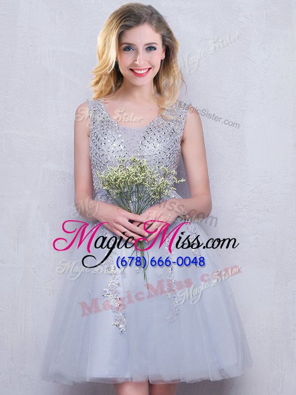 wholesale grey tulle zipper scoop sleeveless mini length bridesmaid dresses beading and appliques