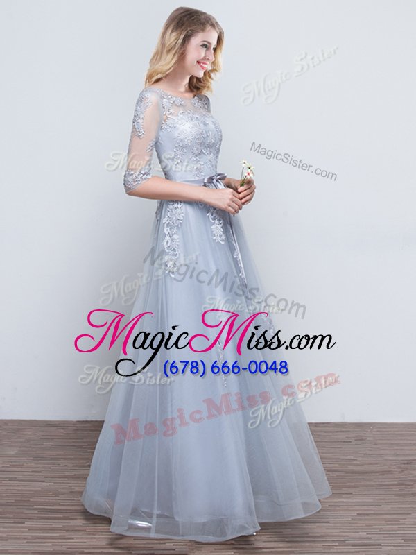 wholesale attractive short sleeves grey lace up scoop appliques and belt wedding party dress tulle half sleeves