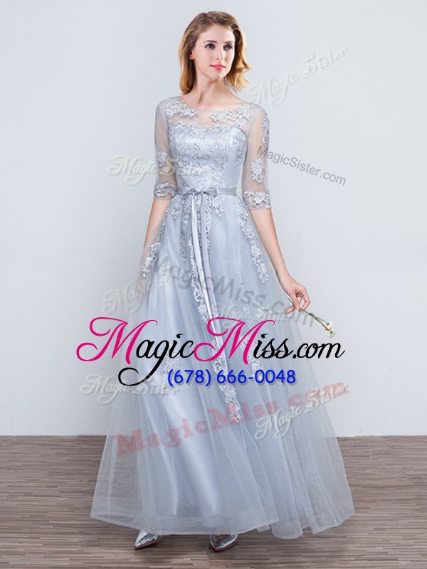 wholesale attractive short sleeves grey lace up scoop appliques and belt wedding party dress tulle half sleeves